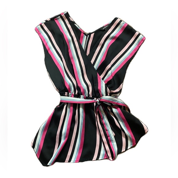 Express Top Womens Black Pink Striped Tie Waist Casual Work Office Summer - Picture 3 of 6